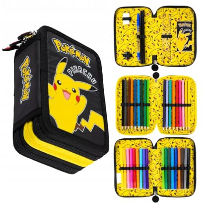 St. Majewski - Federmäppchen 3 Fächer - Mäppchen für Mädchen und Jungen - Federmappe 3-Fach Federtasche Gefüllte Schüleretui Schulmäppchen - Pokemon Motiv