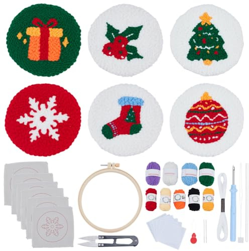 ORIGACH 6 Set Christmas Punch Needle Coasters Kit with Pattern, Adhesive Felts, Yarn, Tools and Instruction Punch Needle Embroidery Kit for Beginners Adults DIY Mug Tufted Rug Making Set