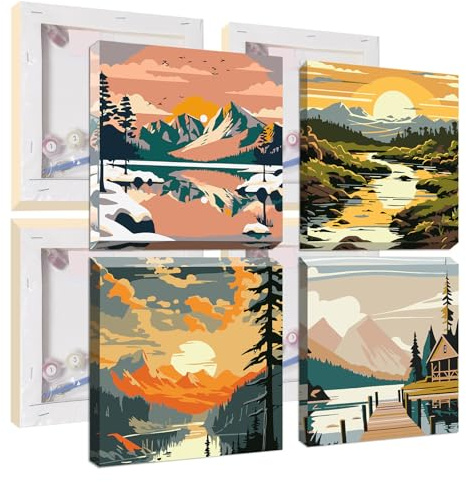 Jawecci Lot de 4 kits de peinture par numéros encadrés au coucher du soleil pour adultes – Kit de peinture par numéros sur toile avec accessoires pour cadeaux et décoration d'intérieur 20,3 x 20,3 cm