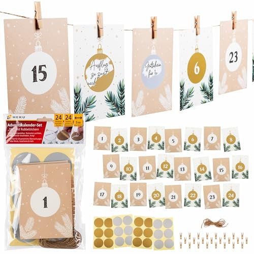 HEKU DIY Adventskalender zum Rubbeln I 24 Karten DIN A6 mit Rubbelstickern, Holzklammern & Schnur I Selbst gestalten mit Gutscheinen & Botschaften I Kreatives Set für Weihnachten & Advent