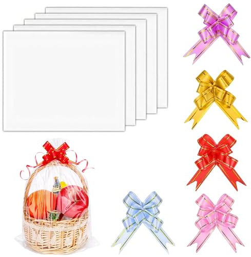 Aililong 5 Pezzi Pellicola Regalo Trasparente 75x100cm con Fiocchi - Ideale per cesti Regalo, Fiori, Artigianato e Matrimoni - Pellicola Trasparente e Sacchetti per l'imballaggio