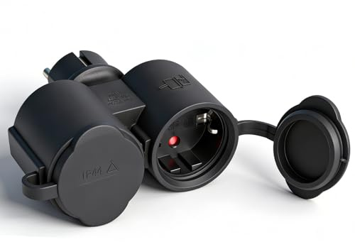 Enchufe Doble Adaptador de Enchufe Ladron Enchufes Negro 2 Tomas sin Cable para Uso Interior y Exterior (16A/250V/Max 3500W, IP44)