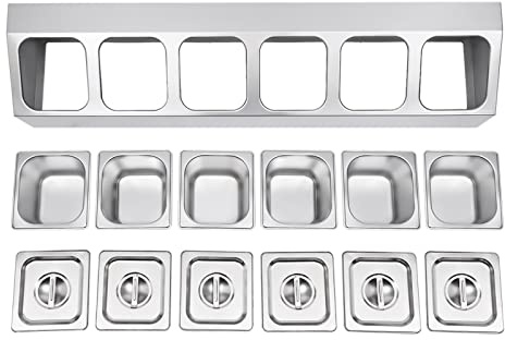 Cuisaincraty Recipiente in acciaio inossidabile con coperchio, 6 scomparti, set di contenitori Gastronorm per ingredienti di pizza, contenitore per spezie per cucina, ristorante o catering