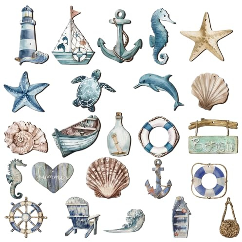 24-Stück Maritime Deko Sommer Holz Strandanhänger Set für Sommerdeko, Maritime Wanddekoration und Tischdeko, Ideale Holzanhänger für Beach Party und Luau Party