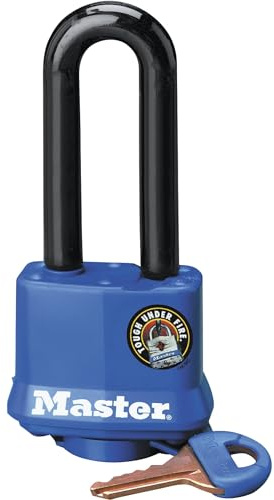 MASTER LOCK CO 1-1/2 Inch Long-Shackle Laminated Padlock with Blue Weatherproof Cover