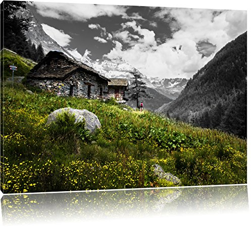 Pixxprint wunderschöne Steinhütte auf Berg B&W, Größe: 100x70cm, Leinwandbild, fertig gespannt, Wandbild, Dekoration, Kunstdruck, kein Poster