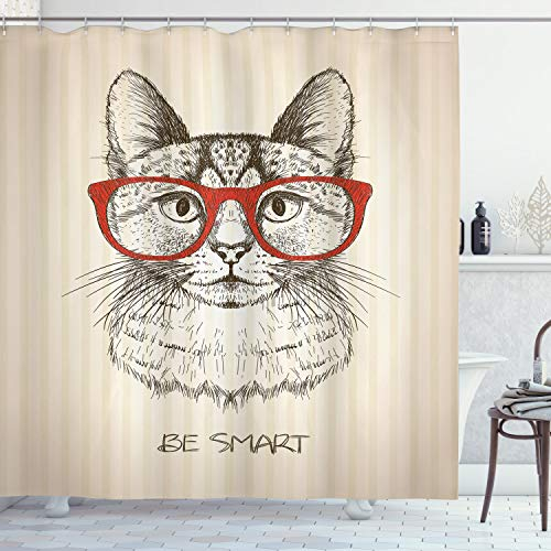 ABAKUHAUS Cartoon Duschvorhang, Katze mit Retro Brillen, Stoffliches Gewebe Badezimmerdekorationsset mit Haken, 175 x 200 cm, Olivengrün Zinnoberrot