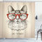 ABAKUHAUS Cartoon Duschvorhang, Katze mit Retro Brillen, Stoffliches Gewebe Badezimmerdekorationsset mit Haken, 175 x 200 cm, Olivengrün Zinnoberrot