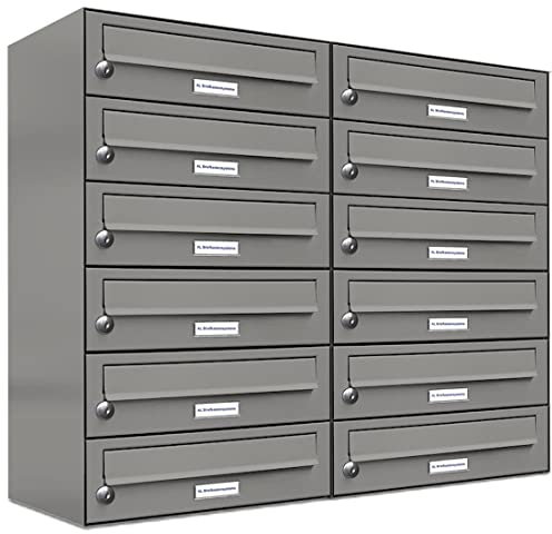AL Briefkastensysteme 12er Briefkastenanlage Aluminiumgrau RAL 9007, Premium Briefkasten DIN A4, 12 Fach Postkasten modern Aufputz