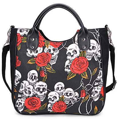 Chikencall® Cartoon Schädel und Rosen Umhängetasche für Frauen Canvas Handtasche Gothic Punk Tote Damen Schultertaschen