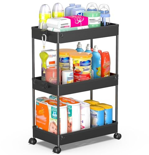 SPACEKEEPER Rolling Storage Cart 3 Tier Bathroom Cart Organizers with Wheels Laundry Room Organization Mobile Shelving Unit Utility Cart Storage Shelves Multi-Functional for Office, Home, Black