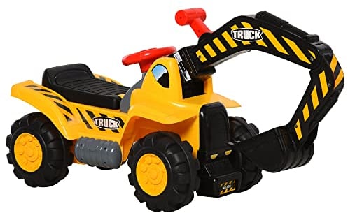 HOMCOM 4 en 1 Excavadora Juguete para Niños +18 Meses Tractor Infantil con Pala Caja Oculta de Almacenaje Aro de Baloncesto Volante Giratorio 98x30x46 cm Amarillo