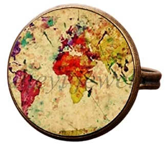 Verstellbarer Ring, Weltkarten-Ring, Regenbogenfarben, mehrfarbig, Landkarten-Schmuck, runder Glasring für Frauen