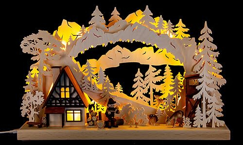 Ratags Kerzenhalter Schwibbogen Pilzsammler vor Waldhaus - 43x28 cm, braun, natur, Holz, Weihnachten