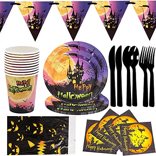 Sunfauo Halloween Party Tischdekoration Halloween Requisiten Pappbecher Teller Geschirr Wimpel Geburtstag Urlaub Party Atmosphäre Dekoration Liefert 10 Stück