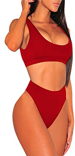 Viottiset Damen Bademode Crop Top Bikini Set Zweiteilige Badeanzug Hohe Taille Strandkleidung Push Up 01 - Rot Groß