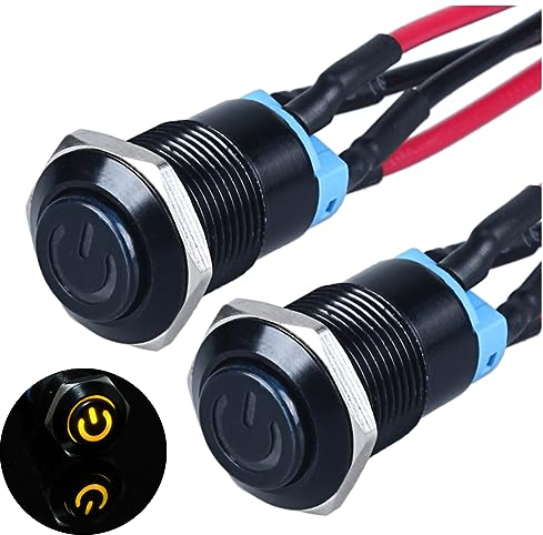 JIQI 2× 12mm Verrieglung Druckschalter 12V bis 24V 2A wasserdicht selbsthaltend schwarz Druckknopfschalter aus Metall LED Beleuchtet Latch EIN/AUS Schalter mit IP66 1NO für Motorrad (hoher Kopf, Rot)