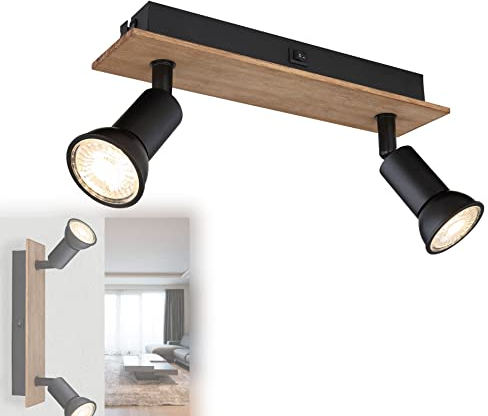 bmf-versand® Wandleuchte Innen Schlafzimmer mit Schalter - Wandlampe Wohnzimmer 2 Flammig Holz Optik Schwarz - Deckenlampe Wandmontage Deckenmontage - Deckenstrahler 2 Spots