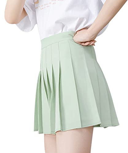 DRESHOW Rétro Jupe Basique Elastique évasée Mini Jupe Plissée Patineuse Décontractée Pour Femmes Filles, Pleated Mini Skirt 04-Green, M