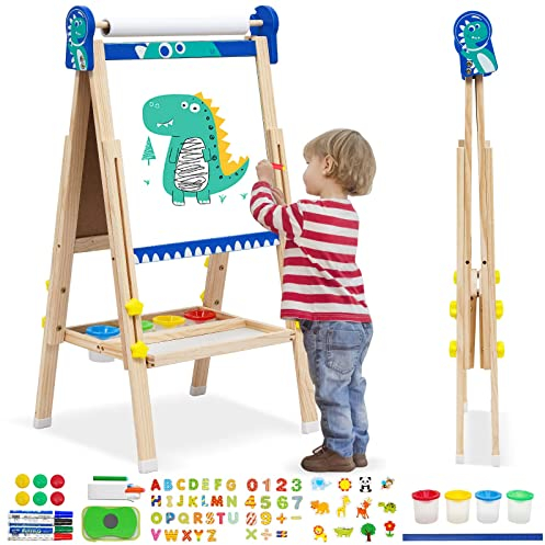 Chevalet Peinture Enfant,Tableau de Dessin Double Faces en Bois Pliable,Chevalet d'art Réglable en Hauteur avec Chiffres, Volutes et Autres Accessoires,Convient Enfant 2+ Ans(Dinosaure)