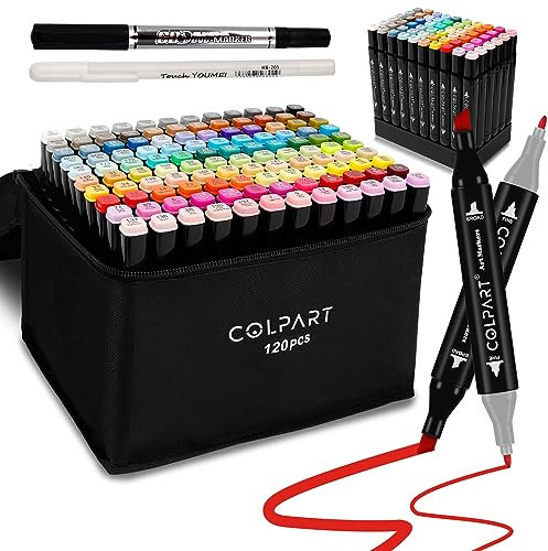 colpart 120 Colors Markers Dual Tip Art Markers for Kids Marker Pens for Adult Coloring Painting Supplies Perfect for Painting, Coloring, Sketching and Drawing