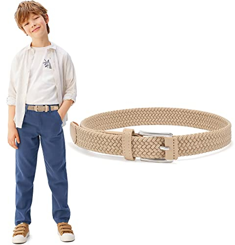 WHIPPY Kinder Gürtel Elastik Unisex Geflochtener elastischer Stretch Gürtel gewebter gürtel für Jungen und Mädchen Endspitze aus Leder mit Dornschließe, 3 cm breite,beige 75cm