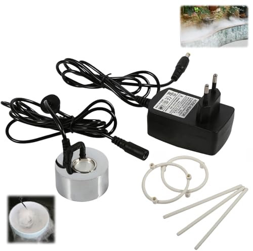 Ultraschall Vernebler, 300ML/H Ultraschall Nebelmacher Fogger, Nebelmaschine Mister Vernebler Luftbefeuchter aus Aluminium, mit Adapter, Wasserauffanggestell, für Wasserbrunnen-Feiertagsdekoration