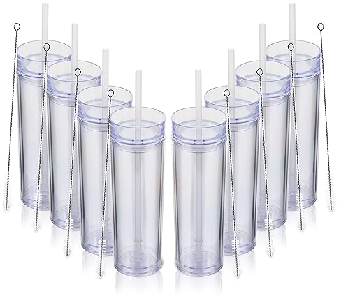 Volhoply Vaso delgado de plástico de 16 onzas con tapa y popote, paquete de 8 unidades, vasos aislados de acrílico mate de doble pared sin BPA, taza de viaje para café helado, taza de fiesta, regalos