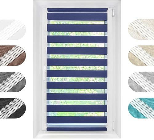Birrke® Doppelrollo Ohne Bohren/Mit Bohren 2in1 100 x 150 cm - Tag und Nacht Duo Rollo für Sonnenschutz und Sichtschutz - Doppel Rollo - Einfache Montage Marine blau