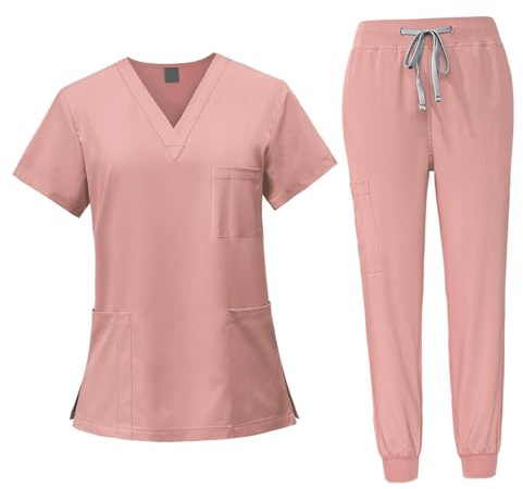 LOVIVER Female Scrub Set Nurse Workwear V Neckline Professional Machine Washable Top and Joggers Pant Work Clothing for Beauty Center