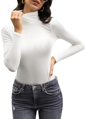 Aottori Rollkragenshirt Damen Langarm Langarmshirt Eng Baumwolle Oberteile Rollkragen Elegant T-Shirt Dünn Tops Slim Fit Stretch für Herbst Winter Weiß L