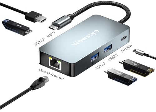 USB C Hub, Docking Station, USB-C adapter, 6-in-1multiport mehrfachstecker verteiler 4K 60Hz HDTV, 3 USB 3.2 10 Gbps, für MacBook Pro Air M1/M2, 100W PD, Ethernet Lan, für iPad & weitere Type-C Geräte