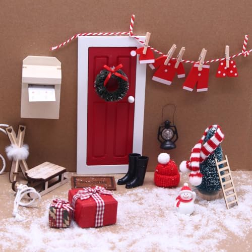 JINGSHUBO 28pcs Holz Wichtel Tür mit Miniatur Briefkästen Wichteltür Zubehör Weihnachten Set Weihnachtsdeko Elfentür DIY Geschenk für Kinder