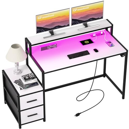GreenForest Computer Desk with Drawers and Power Outlet, 50.4 Iinch White Desk with LED Light and USB Ports, Reversible Home Office Desk with Printer Stand and Monitor Stand