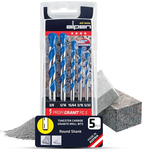 Alpen 5-teiliges Granitbohrer-Set – vielseitige Hammerbohrer-Sets für PGM-zertifizierte Präzision und präzise Dübellöcher, langlebiger Bohrer für Granit und Marmor