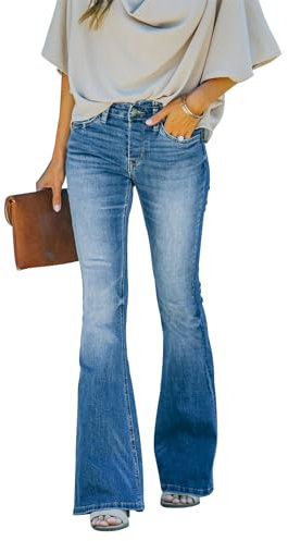 KUNMI Damen High Waist Bell Bottom Bootcut Jeans Flare Wide Leg Stretch Trendy Jeans, Ff006-Blau, 44