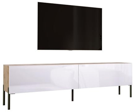 3E 3xE living.com Mobile TV largo 170 cm in colore Rovere wotan/Bianco lucido con gambe dritte in Nero, D: L: 170 cm, A: 52 cm, P: 32 cm