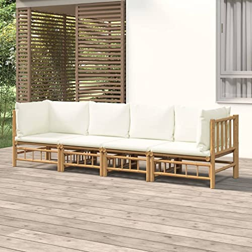 KTHLBRH Outdoor Lounge Garten möbel draußen Balkon Tisch und stühle 4-TLG. Garten-Lounge-Set mit Cremeweißen Kissen Bambus