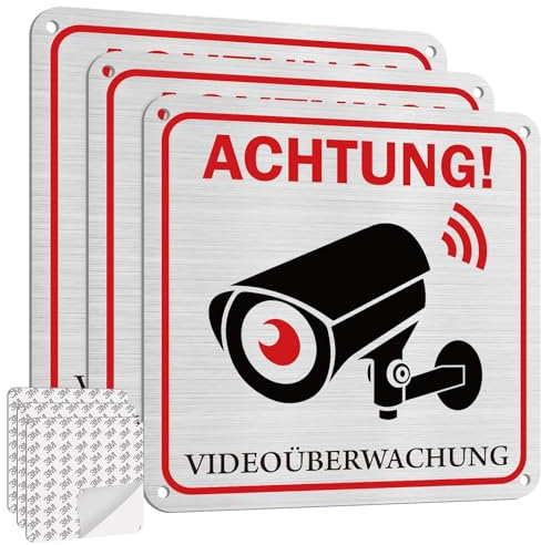 Lemicin 3 Stück 15 x 15 cm Videoüberwachung Schild Kameraüberwachung Warnschild Achtung Schild Videoüberwachung Privatgrundstück Hinweisschild Selbstklebend und 4 Bohrlöcher