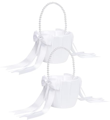 2 Stück Blumenmädchen Korb für Hochzeit, Satin Hochzeit Blumenkorb für Blumenmädchen Weiß Hochzeit Blumen Körbe