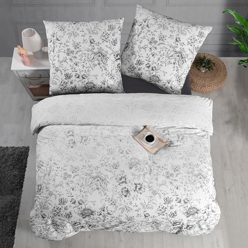 ZIRVEHOME Bettwäsche 200x220 weiß, 3 teilig kuschelig weich Baumwolle Bettbezug grau, schwarz geblümt, Napa