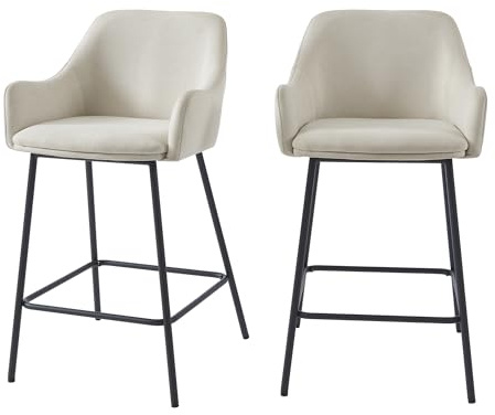 BAÏTA Lot de 2 tabourets de Bar NILS en Tissu Beige et Pieds en métal Noir