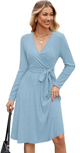 Newshows Strickkleid Damen Herbstkleid Pulloverkleid Winterkleid Langarm Elegant Kleid für Herbst Winter Hellblau
