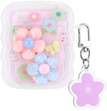Newseego Airpods 1/2 Case Cover for Girls Women, Cute Flower Floral Pattern Wave Frame Soft TPU Shockproof Full Protection Cover with Keychain for Airpods 1/2 Charging Case