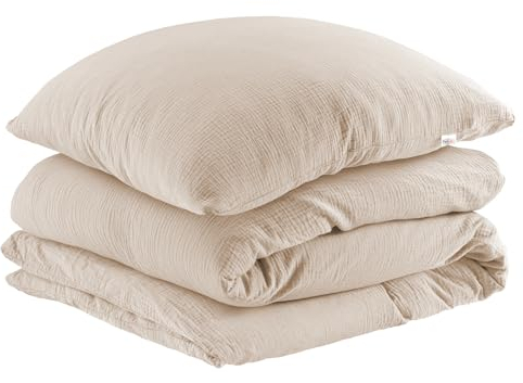 Pure Label Musselin Bettwäsche 155x220 cm mit einem Kissenbezug 40x80 cm aus 100% Baumwolle - Traumhaft weiche, kuschelige Bettwäsche-Sets in beige aus Musselin