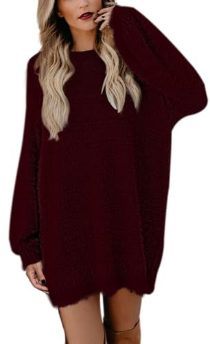 Viottiset Damen Mini Pulloverkleid Rundhals Lange Pullover Übergroßer Langarm Nachahmung Nerz Pelziger Winter Rubin L