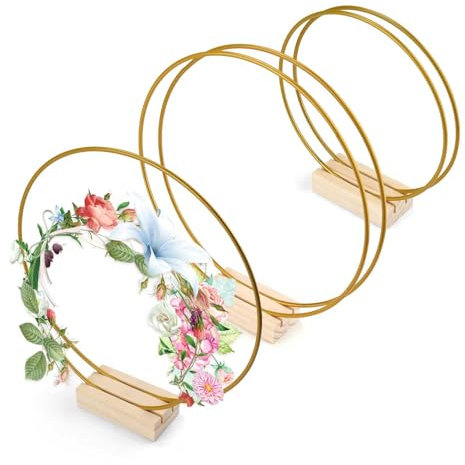 0XBIT Metallring mit Fuß, 3 Stück Double Dekoring mit Fuß, Metallring, mit Holzsockel, Geeignet für DIY Girlande, Hochzeit, Tischdekoration