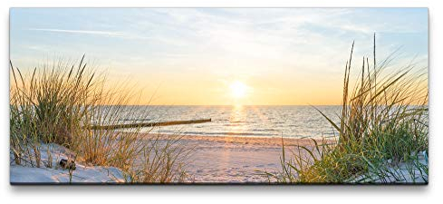 Paul Sinus Art Wandbild Ostse/Nordsee Strand Sonnenuntergang Modern Bild auf echter Leinwand Meer Natur Schlafzimmer Wohnzimmer Blau Beige (100x40cm)