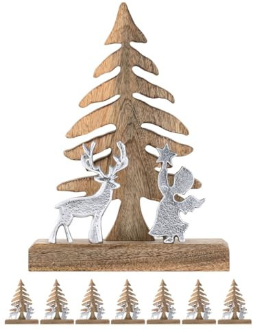 Amago home Holzfigur Weihnachtsbaum mit Hirsch u. Engel 20x27cm Masterbox 8-teilig Weihnachtsdeko Mangoholz