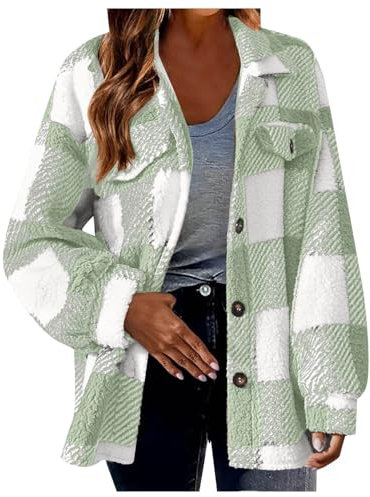 Generisch Veste polaire pour femme, sans capuche, décontractée, à carreaux, en peluche, avec boutons, veste d'hiver chaude avec poches, mode ample, manteau en polaire, Vert menthe., 4XL
